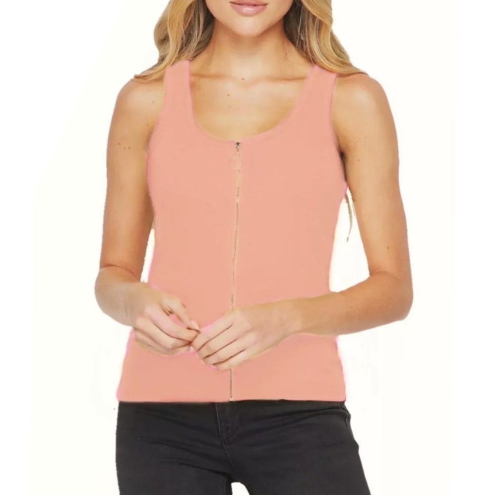 Sexy pink lowcut zipper zip up tank top fitted sleeveless summer shirt